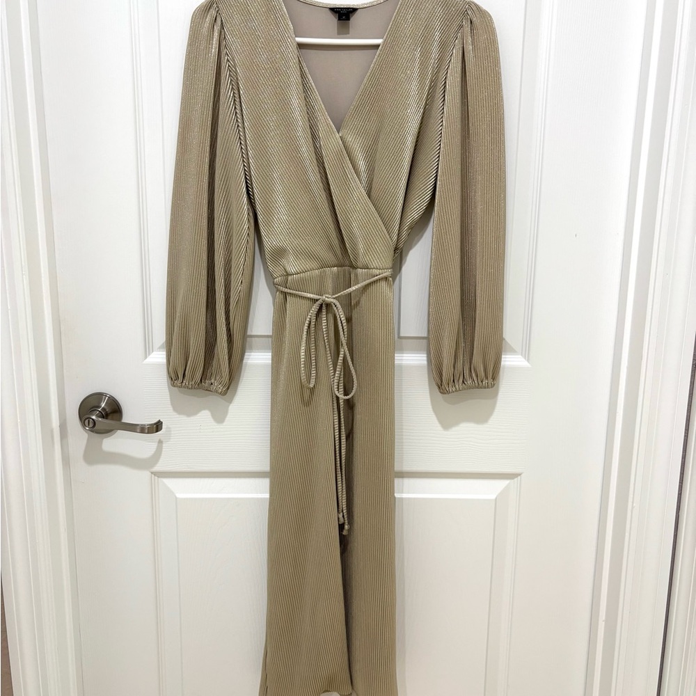 Ann Taylor Gold Long Sleeve Wrap Dress with tie